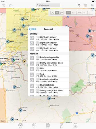 Aviation weather: current weather reports, visual flight conditions und wind forecasts are shown on our map.